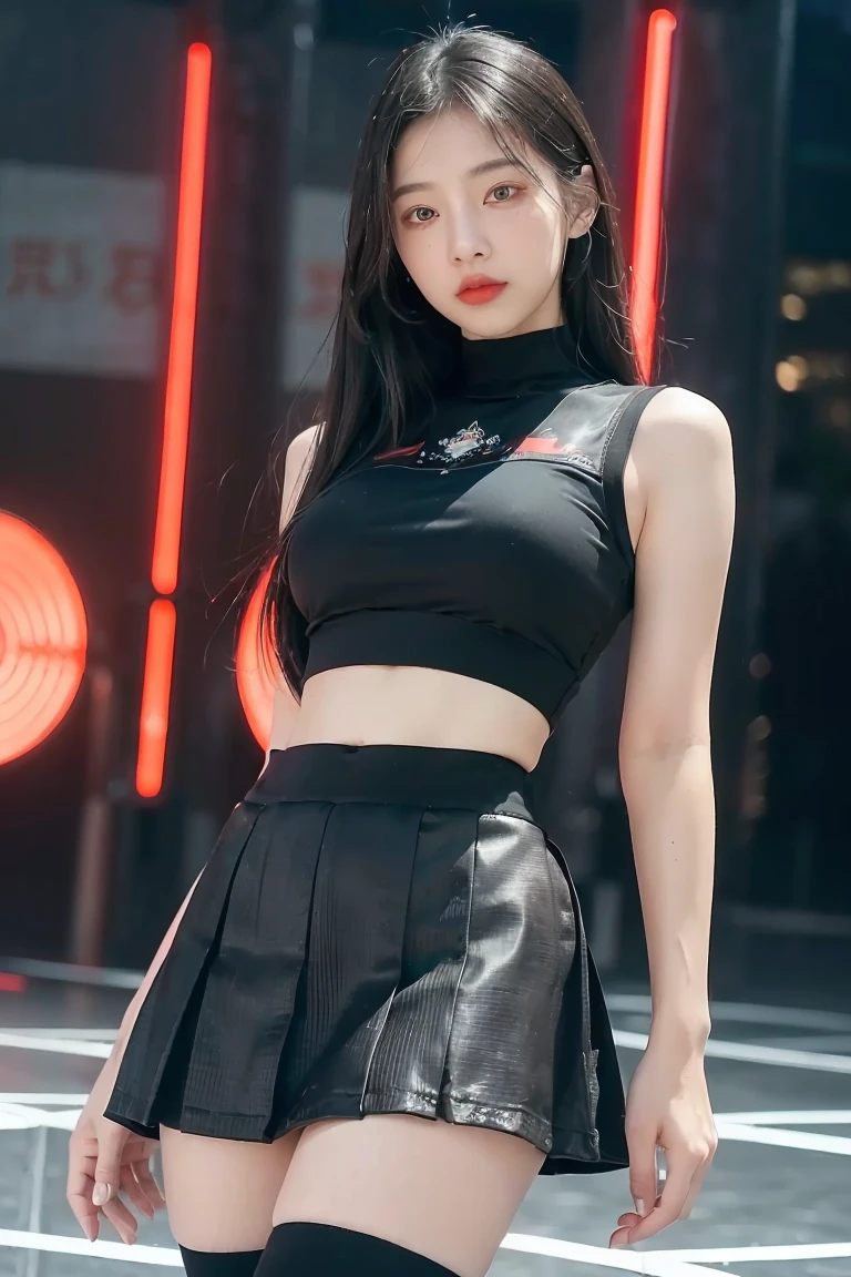 (finely detailed beautiful Red Eyes and detailed face,masterpiece sidelighting,masterpiece,best quality,detailed,High resolution illustrations),(urban tech wear, Cybernetic background, sunshine city),(1 Girl,whole body,beautiful girl,Glowing skin,look down,Looking at the audience),(Black Hair,Red Eyes,Tight skirt,Showing belly)