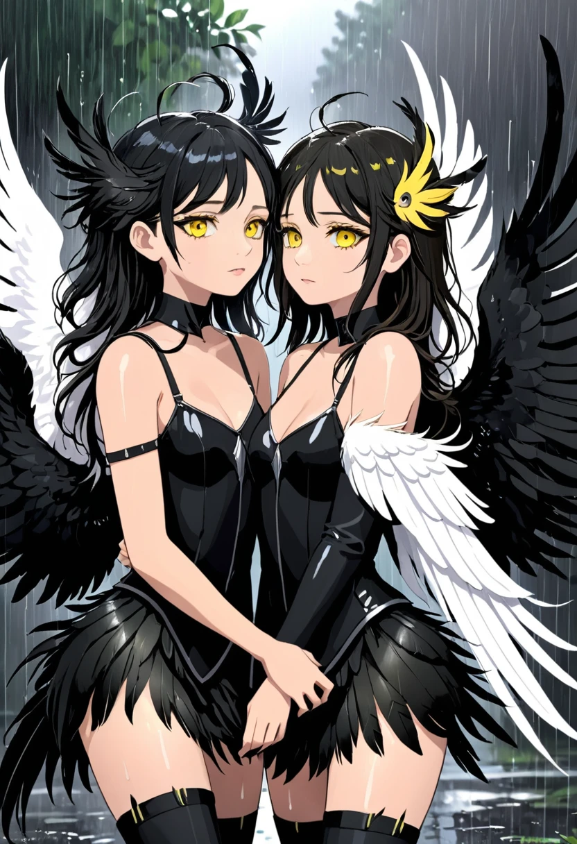 2girls,black feathers,black wings,feathered wings,feathers,multiple girls,rain,white wings,wings,yellow eyes