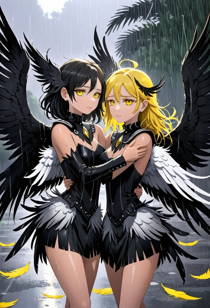 2girls,black feathers,black wings,feathered wings,feathers,multiple girls,rain,white wings,wings,yellow eyes