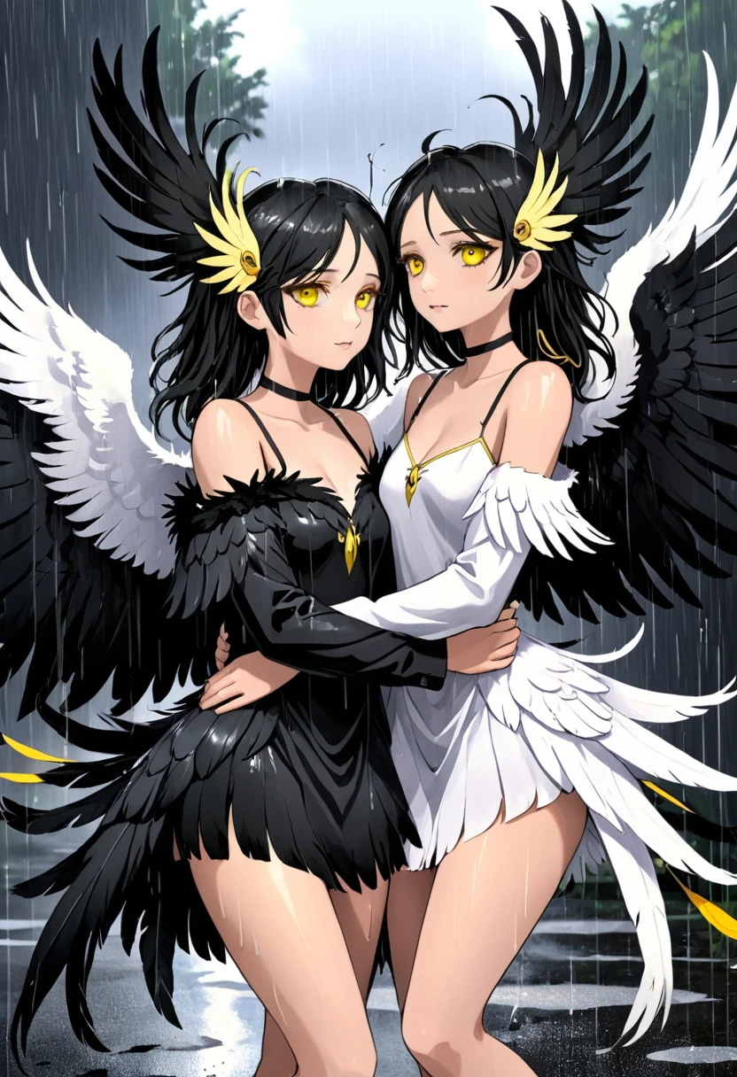 2girls,black feathers,black wings,feathered wings,feathers,multiple girls,rain,white wings,wings,yellow eyes