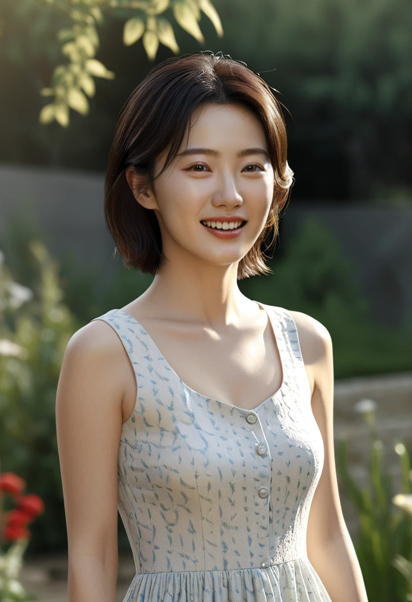 1 woman, (Wearing a sleeveless high-quality brand dress with good texture:1.6),(raw photo, best quality), (realistic, photo-realistic:1.4), masterpiece, Very delicate and beautiful Korean woman, very detailed, 2k wallpaper, amazing, in detail, very detailed CG unity 8k wallpaper, very detailed, mackerel, soft light, Beautiful and detailed 36 year old woman, very detailed eyes and face, beautiful and delicate nose, beautiful detailed eyes,cinematic lighting,(in the garden:1.6),complete anatomy,slim body,(laugh:1.4),(young girl:1.4),(cowboy shot:1.6),(look at the viewer:1.4),(front view:2.0),cinematic angle,Inspired by Son Ye-jin,standing,(split:0.8), Short hair