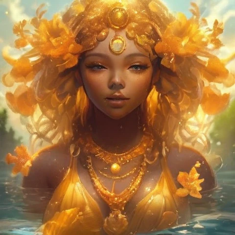 One person, Waterside in the forest、Sitting with feet in water、Having fun bathing in the water with slime、Little blue haired swordsman., Sit on the ground, Clear blue sky、Bokeh, depth、Fun Expressions、Portrait、Lens flare、Detailed illustrations、Realistic portrayal