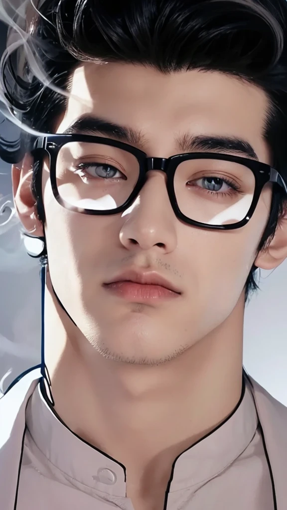 Create a digital illustration of a young man with an intense, brooding expression. He has injury between eyes. He should have sharp, angular features, short black hair styled in a modern quiff, and thick, dark eyebrows. Include large, square-framed glasses that dominate his face. The man is smoking a cigarette, with wisps of smoke curling upward. His gaze is directed slightly to the side, giving him a contemplative air.