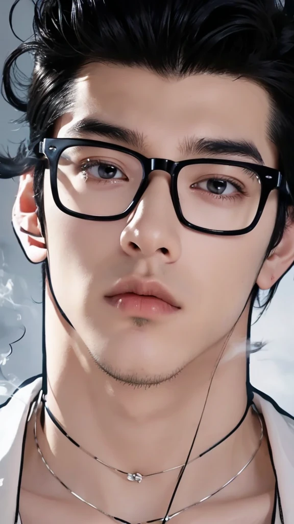 Create a digital illustration of a young man with an intense, brooding expression. He has injury between eyes. He should have sharp, angular features, short black hair styled in a modern quiff, and thick, dark eyebrows. Include large, square-framed glasses that dominate his face. The man is smoking a cigarette, with wisps of smoke curling upward. His gaze is directed slightly to the side, giving him a contemplative air.