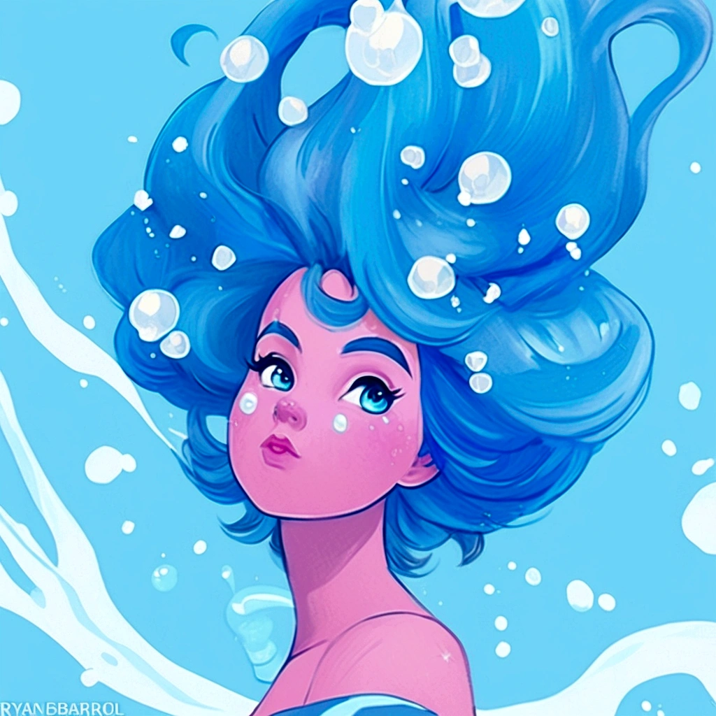 a close up of a woman with blue hair and bubbles on her head, a digital painting by Ryan Yee, Artstation, digital art, jen bartel, loish |, water element, a beautiful artwork illustration, loish art style, loish van baarle, water elemental, rossdraws pastel vibrant, trending on artstration