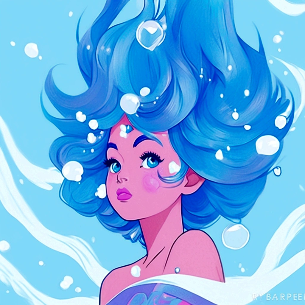 a close up of a woman with blue hair and bubbles on her head, a digital painting by Ryan Yee, Artstation, digital art, jen bartel, loish |, water element, a beautiful artwork illustration, loish art style, loish van baarle, water elemental, rossdraws pastel vibrant, trending on artstration