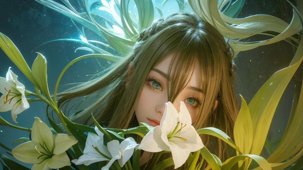 32k, Masterpiece, Highest quality, One girl, Brown Hair, Detailed eyes, flower,Amaryllis, Blue and green style,A dreamy, romantic piece,Pale yellow, Mysterious Leaves,A playful arrangement,Fantasy,High Contrast,Ink strokes,explosion,Exposure, Impression of blue and green tones,Abstract, Brush strokes,Negative Space, Tyndall effect