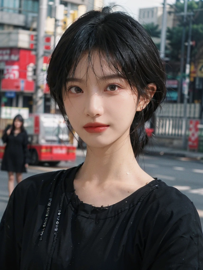 (Skin details:1.4), (smooth skin textures:1.3), （Upper Body：1.4），（Upper Body：1.3)，(Black clothes:1.4)，Lipstick, background, earrings, serene, calm, (Realistic and detailed eyes：1.2）, Natural skin texture, Realistic facial details, Soft dramatic lighting, Vivid details, 35 mm film, outdoor, (Photo Practical:1.4), (hyper Practical:1.4), (Practical:1.3), (Smoother lighting:1.05), (Improve lighting quality:0.9), (Highest quality real skin textures:1.4), Exquisite eyes, Delicate face, Close-up of face, (Enhance the beauty of skin texture:1.1),0Normal body proportions, short hair, Moles under the eyes, A faint smile,Portrait Photography, Depth of Field, Bokeh, Surrealism, Ray Tracing, (Portrait Photography:1.1), Surrealism, High Detail, Chiaroscuro, Ray Tracing, reflected light, Ultra HD, Ultra HD, masterpiece, Textured Skin, Super Detail, High Detail, high quality, best quality