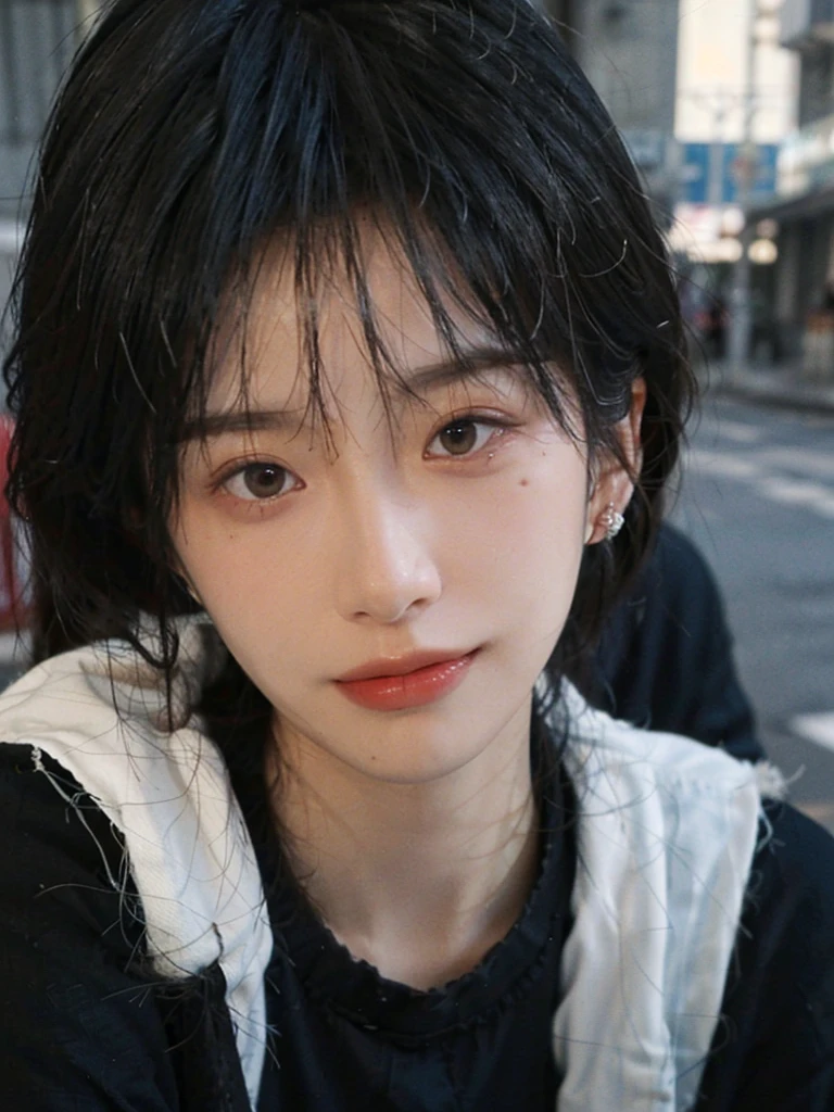(Skin details:1.4), (smooth skin textures:1.3), （Upper Body：1.4），（Upper Body：1.3)，(Black clothes:1.4)，Lipstick, background, earrings, serene, calm, (Realistic and detailed eyes：1.2）, Natural skin texture, Realistic facial details, Soft dramatic lighting, Vivid details, 35 mm film, outdoor, (Photo Practical:1.4), (hyper Practical:1.4), (Practical:1.3), (Smoother lighting:1.05), (Improve lighting quality:0.9), (Highest quality real skin textures:1.4), Exquisite eyes, Delicate face, Close-up of face, (Enhance the beauty of skin texture:1.1),0Normal body proportions, short hair, Moles under the eyes, A faint smile,Portrait Photography, Depth of Field, Bokeh, Surrealism, Ray Tracing, (Portrait Photography:1.1), Surrealism, High Detail, Chiaroscuro, Ray Tracing, reflected light, Ultra HD, Ultra HD, masterpiece, Textured Skin, Super Detail, High Detail, high quality, best quality