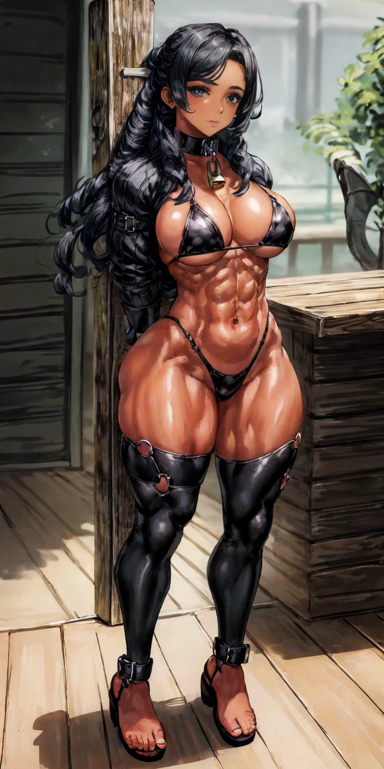 (Masterpiece, best quality, intricate details, 1sologirl) iron collar, arms behind back, iron cuffs, shackles, bound ((standing by wooden pole:1.2)) ((female Black Dark skin Gyaru)) show entire body frontal position, feet in view, realistic, gorgeous 16y.o. darkest skinned mixed race female, black African, barefoot no shoes, looking to viewer straight symmetrical, solo girl looking to the camera, cow bell choker leather collar choker neck bell, metal sandals, black and white bikini (cow pattern) black thigh highs