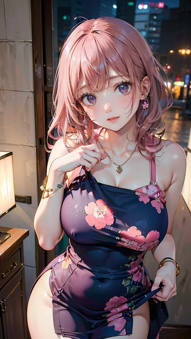 (Masterpiece, BestQuality:1.3), (ultra detailed:1.2), (hyperrealistic:1.3), (RAW photo:1.2), High detail RAW color photo, professional photograph, (Photorealistic:1.4), (realistic:1.4), professional lighting, perfect anatomy, (Big Breasts:1.1), (blush, detailed face), (smile:1.5), (Pink Hair:1.5), Trending Hair&Trending Hairカラーをランダムに, earrings, necklace, bracelet, sexly, erotic sexly, Random sexy gravure poses, ((A woman wearing a navy floral dress、春の庭園で優しいsmileを見せ、A pose that emphasizes thighs by lifting the dress high。: 1.5)