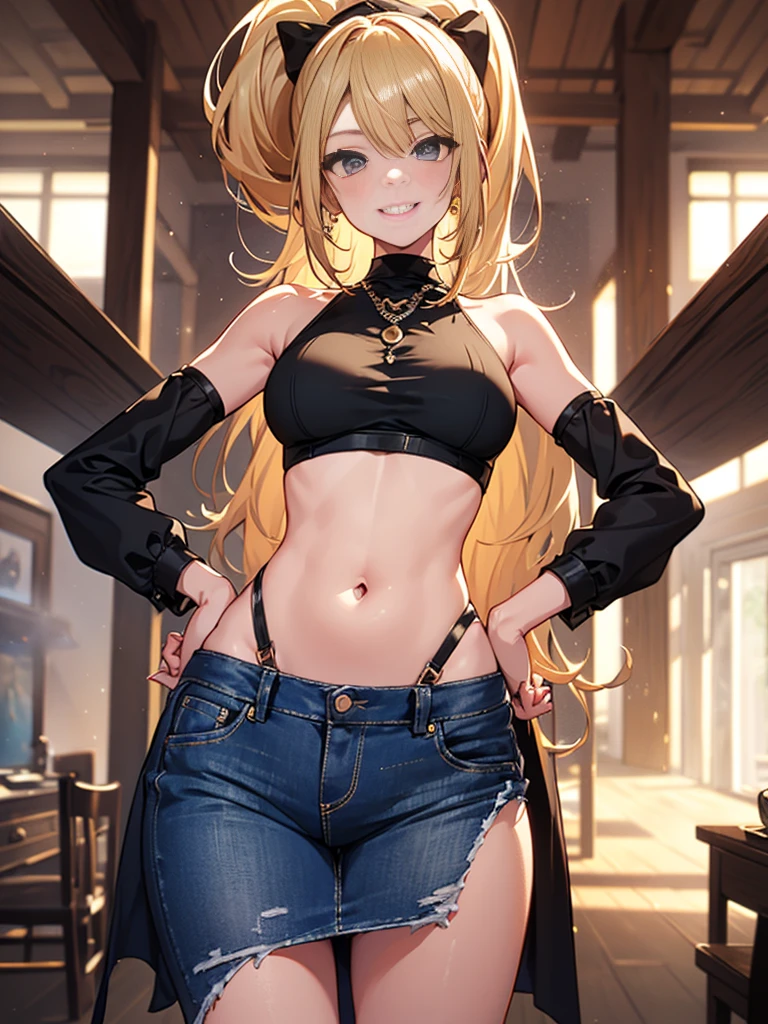 (highest quality, High resolution, perfect pixel, Depth of bounds written, 4K), upper body, (chair), (looking down), (detailed eyes), (1 lady), tall, (skinny body:1.2), (thin thighs:1.2), (Narrow hips:1.2), (black tube tops:1.2), bellybutton, sleeveless, middle breasts, (blond hair), (ponytail:1.2), (standing:1.2), (denim skirt:1.2), panty strap, (hands on hips:1.2), contrapposto, (seductive smile),