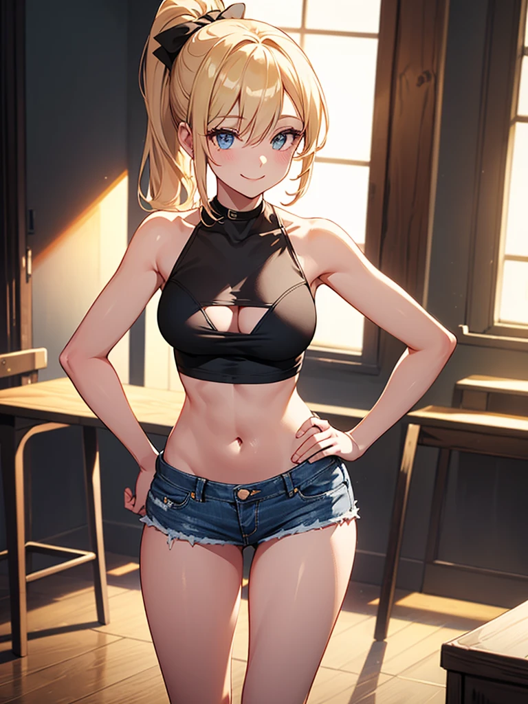 (highest quality, High resolution, perfect pixel, Depth of bounds written, 4K), upper body, (chair), (looking down), (detailed eyes), (1 lady), tall, (skinny body:1.2), (thin thighs:1.2), (Narrow hips:1.2), (black tube tops:1.2), bellybutton, sleeveless, middle breasts, (blond hair), (ponytail:1.2), (standing:1.2), (denim skirt:1.2), panty strap, (hands on hips:1.2), contrapposto, (seductive smile),