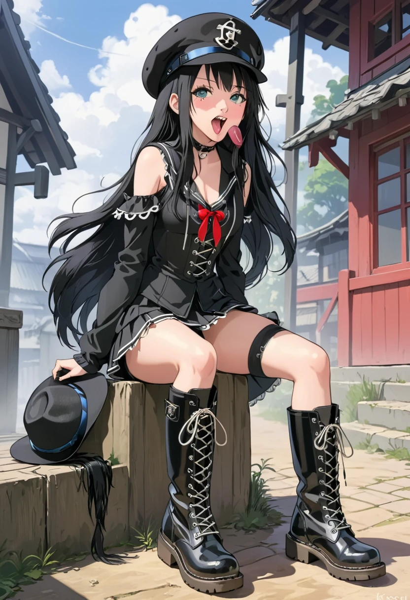 1girl,black hair,boots,cross-laced footwear,hat,kiseru,knee boots,lace-up boots,long hair,solo,tongue,tongue out