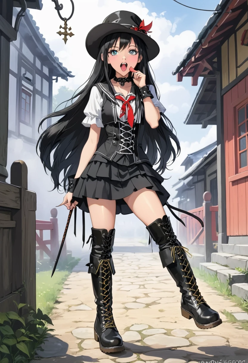 1girl,black hair,boots,cross-laced footwear,hat,kiseru,knee boots,lace-up boots,long hair,solo,tongue,tongue out
