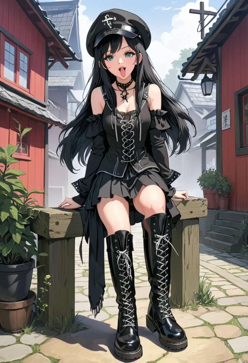 1girl,black hair,boots,cross-laced footwear,hat,kiseru,knee boots,lace-up boots,long hair,solo,tongue,tongue out