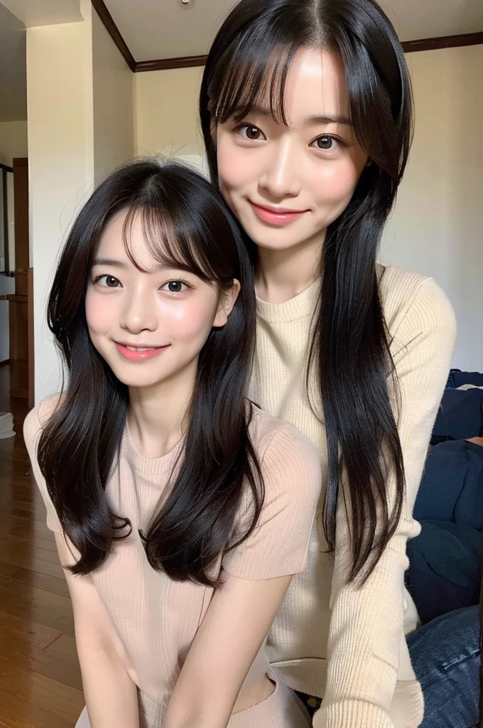 Japanese、8K、Ultra Detail、フォトReal、Realistic and accurate depiction、Realistic and accurate human anatomy、High resolution、Highest quality、Wife、Perfect cuteness、Random hairstyle、Real、Beauty、Idol、Gentle expression、No makeup、happinessそうな笑顔、masterpiece、refreshing、wife、35歳のwife、Toddler daughter、Two-shot photo、happiness、2 people、Medium Hair、Inside a Western-style house、Coming to the camera、happinessそうな表情、A loving smile、happinessそうな親子、No makeup