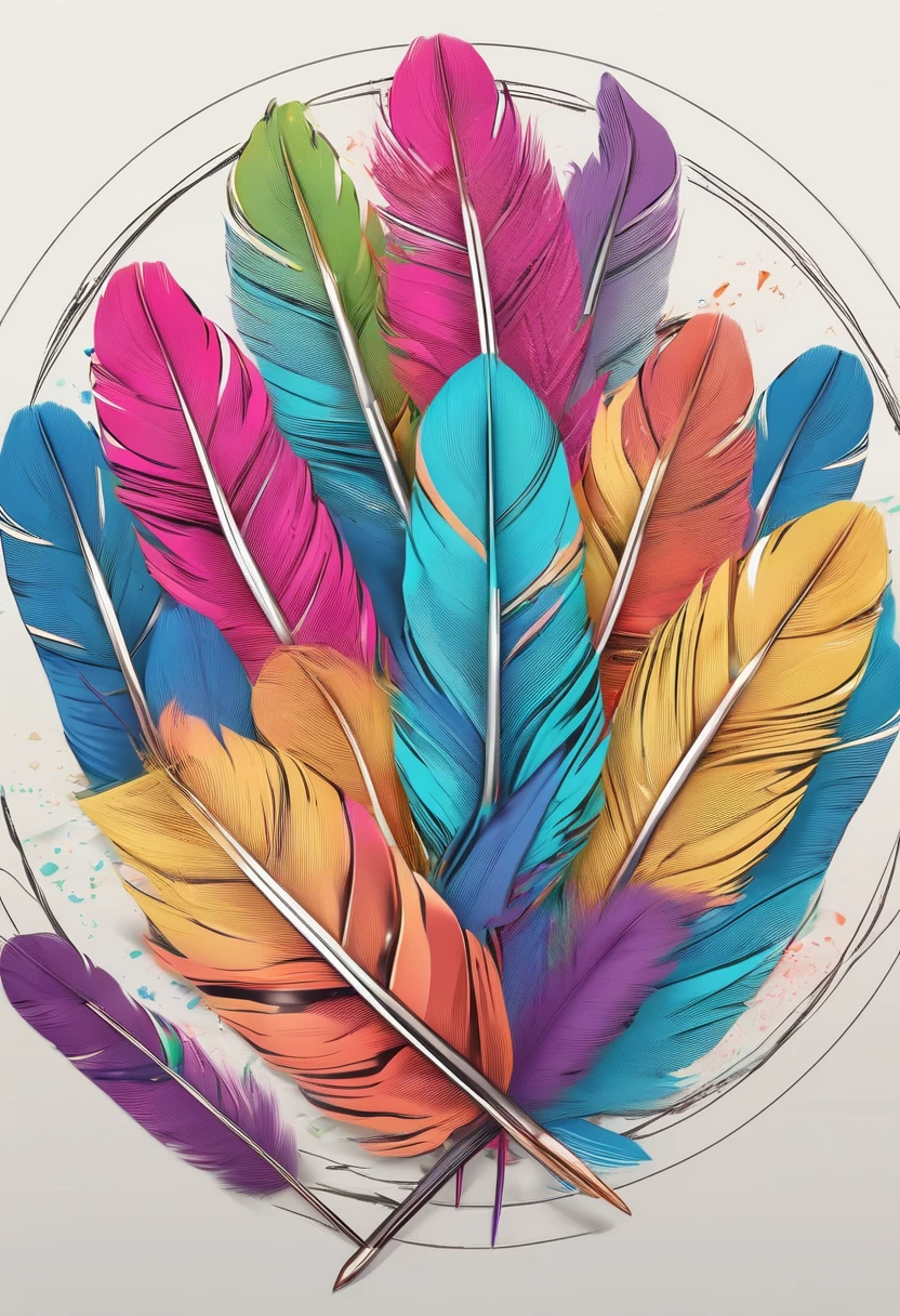 3 colorful feathers, highlight in colors, creative, inside a circle, and a brush in the background