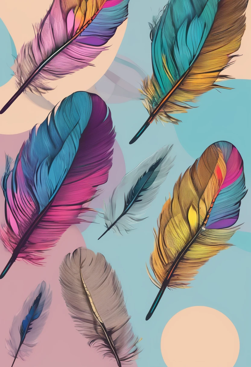 3 colorful feathers, highlight in colors, creative, inside a circle, and a brush in the background