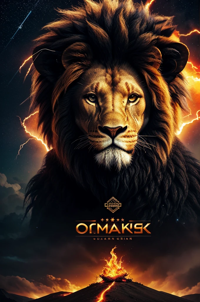 The name "omprakash"with fire, smoke, and lightning stars IN DIFFERENT SHADES OF black and a lion's head, typography, 3d rendering, photography, architecture, photo, fashion, vibrant, cinematic, 3d render, poster