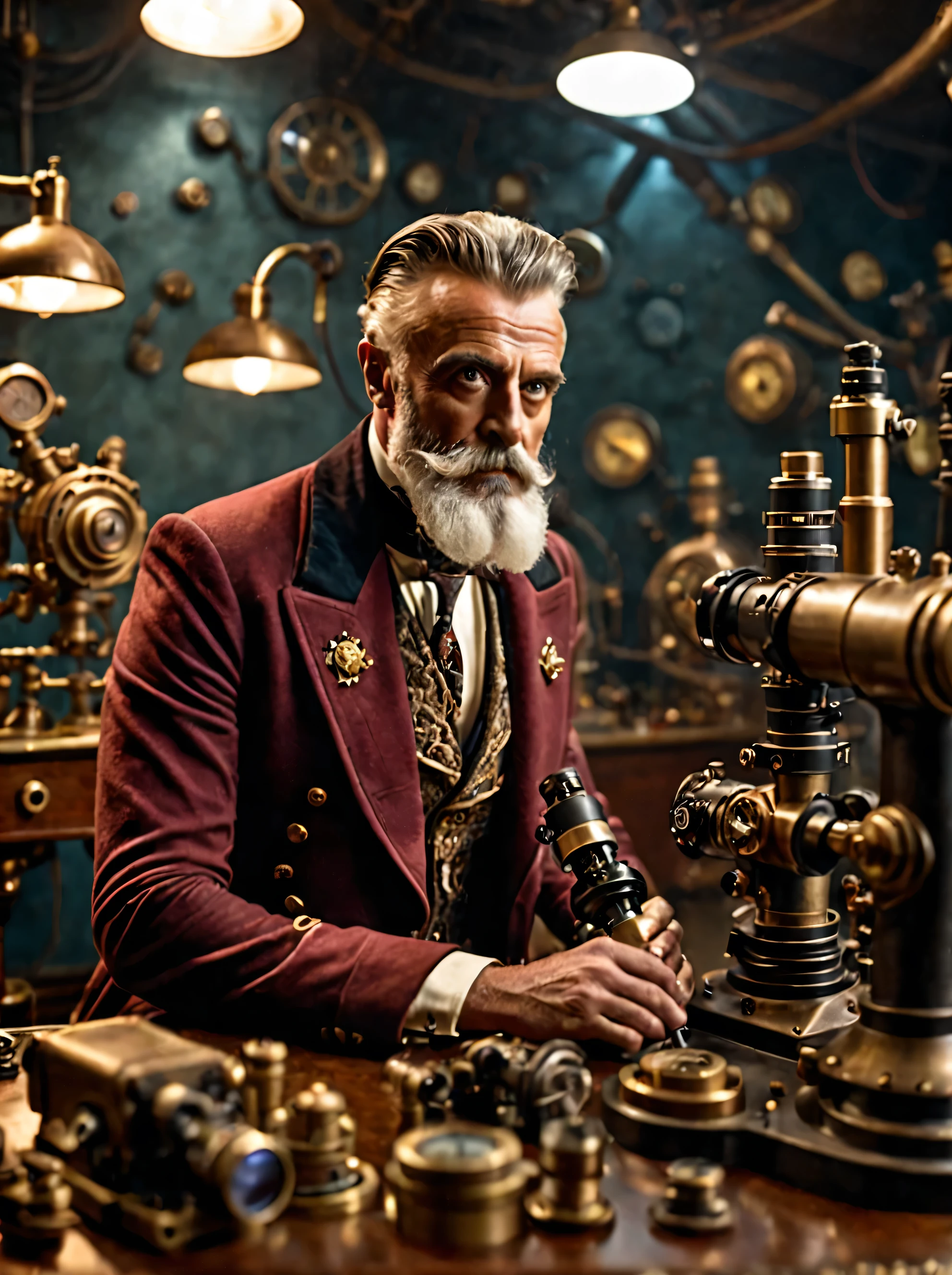 photo focus on male focus, indoors, realistic scenery, (captain nemo:1.1), retro-futuristic, microscope, using a microscope, steampunk nautilus-style. very wide shot, character photo portrait, film, professional, 4k