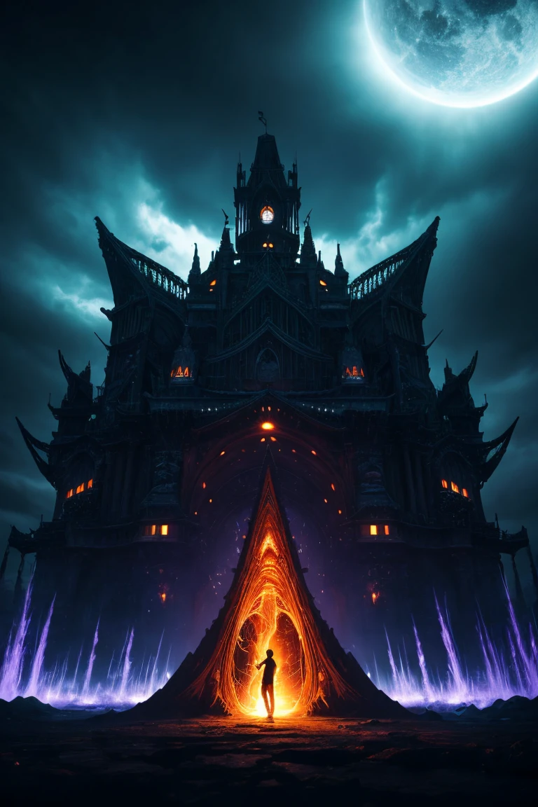 Create an intense scene depicting a ‘domain expansion’ from Jujutsu Kaisen. The scene should show a dark, surreal environment with swirling energy and menacing shadows. In the center, a powerful sorcerer is performing the domain expansion, surrounded by a glowing aura. The background should have intricate, otherworldly designs and a sense of depth, with twisted structures and floating elements. The atmosphere should be ominous, with dark colors and vibrant highlights to emphasize the supernatural power being unleashed.