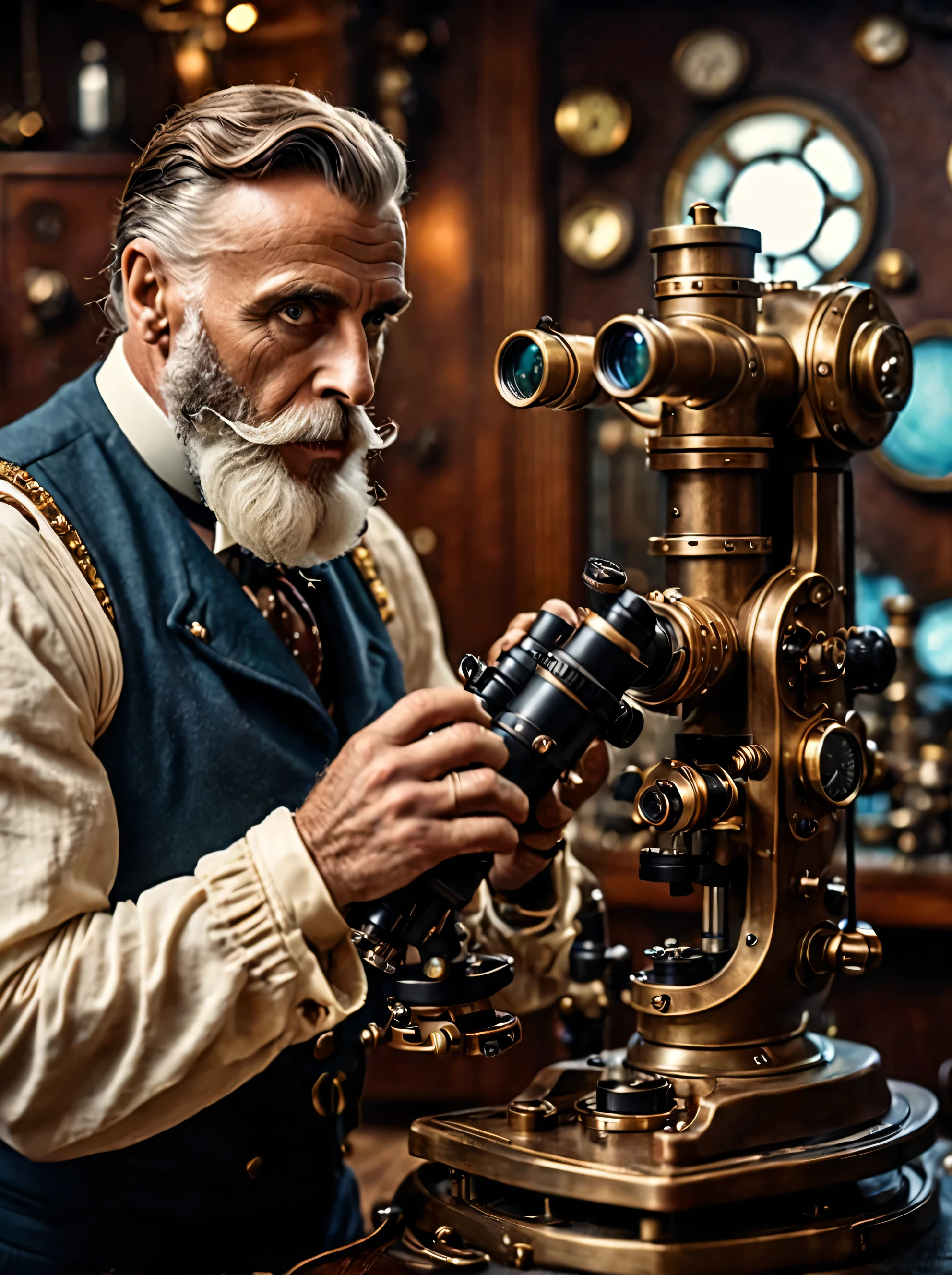 photo focus on male focus, indoors, realistic scenery, (captain nemo:1.1), retro-futuristic, microscope, using a microscope, steampunk nautilus-style. very wide shot, character photo portrait, film, professional, 4k
