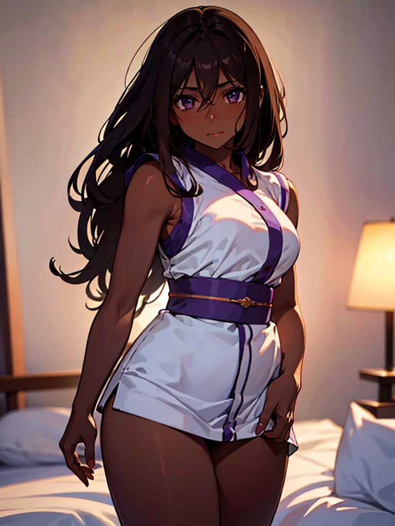 (masterpiece、top-quality、hight resolution、Unity 8k Wallpaper、extremely details CG:1), Illustration of a female model in an indecent pose. The model is striking an alluring pose. The model is looking quietly seductive. She is wearing an outfit appropriate for a masturbator. The background is a well-lit studio setting in a private room with a bed. The overall atmosphere is professional and glamorous, emphasizing the beauty and sexuality of the models. nsfw, ((purple ribbon)), (((((dark brown skin)))))