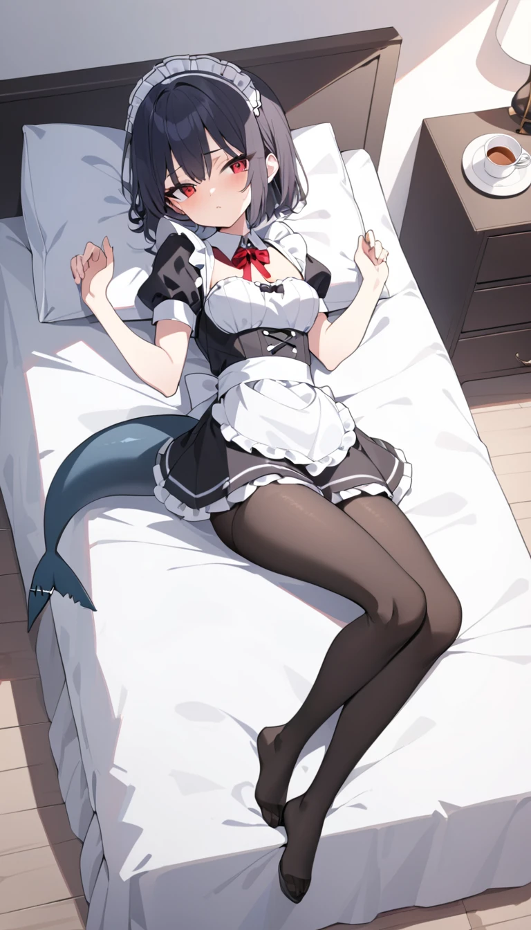 1 girl lying on the bed in the bedroom,Full body view,(masterpiece:1.2),Best quality,Very detailed, Red eyes,Black short hair,Black pantyhose,Dark shark tail,Maid costume,Place your hand on the pillow,Chest of D cup