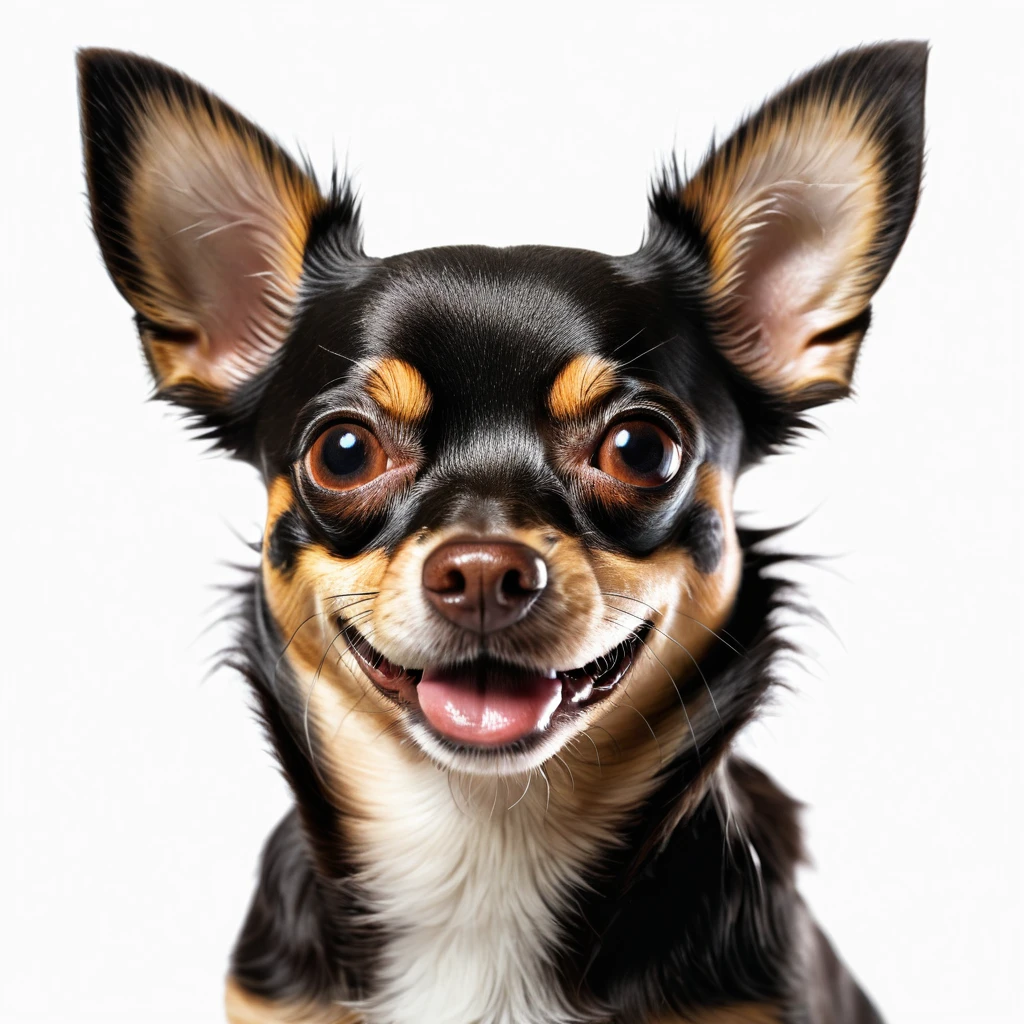 masterpiece, ultra realistic, UHD, 4k, a picture of a happy black and brown chihuahua face, sharp focus, white background