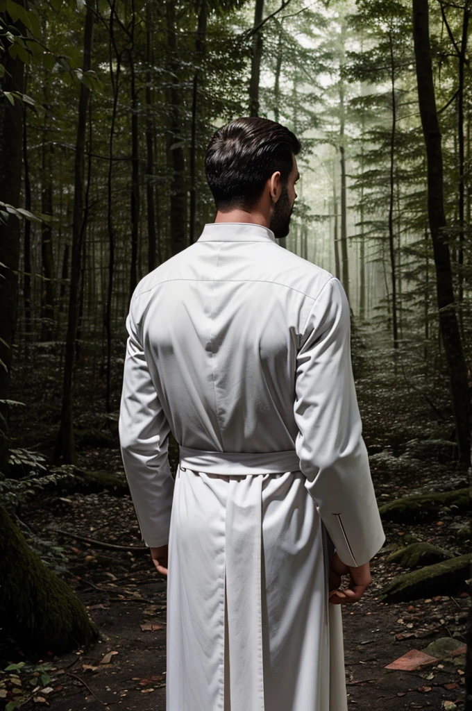 Blood stain on back of a man dressed as christian priest in white acolyte.Background is dense forest in night