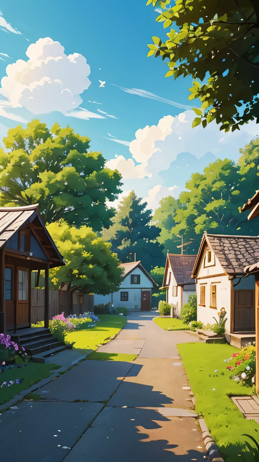 Create a high-quality anime-style image of a serene rural scene. The setting is a peaceful village with a sunny, clear blue sky adorned with fluffy white clouds. The foreground features a quaint yard with a yellow vintage Volkswagen van parked on a stone-paved driveway. The van is well-maintained, and its vibrant color contrasts beautifully with the green surroundings.
The yard is lush with greenery, including tall trees, bushes, and vibrant flowers, adding a touch of life and color to the scene. The red-tiled roofs of nearby houses peek through the foliage, giving a cozy and homely feel. Include details like a wooden fence, a small garden with various plants, and a few birds flying in the sky to enhance the tranquil atmosphere.
Ensure the overall mood of the image is calm and nostalgic, capturing the simplicity and beauty of rural life. Pay attention to the interplay of light and shadow, making the colors pop and adding depth to the scene.