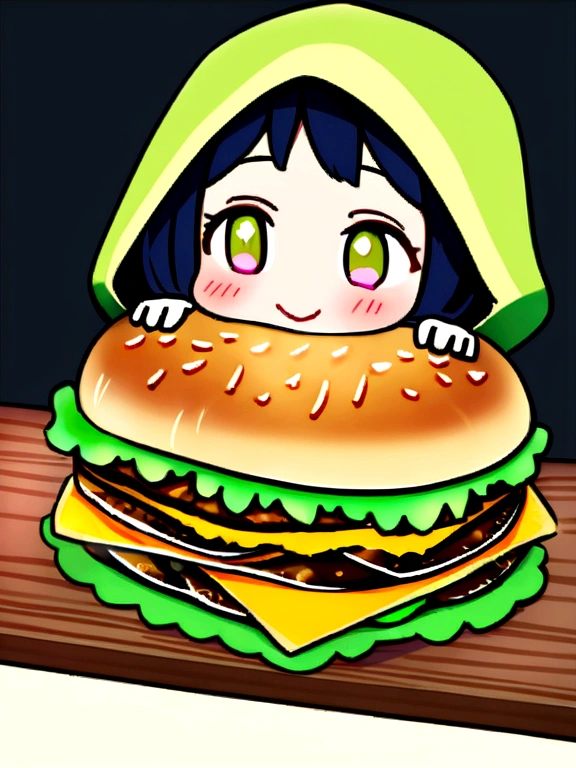 A tender moment captures the quiet intimacy: a samurai lady seated at a rustic burger shop table,eating gigantic huge teriyaki burger,cradling her abundant both hands as she gazing directly ahead with a soft smile spreading across her anime face,blushing with pride. The warm lighting casts a cozy glow on the bounty of cold brew green tea laid before her, a treasure trove dedicated to nourishment and sustenance, her expression radiates warmth, comfort, and devotion.,