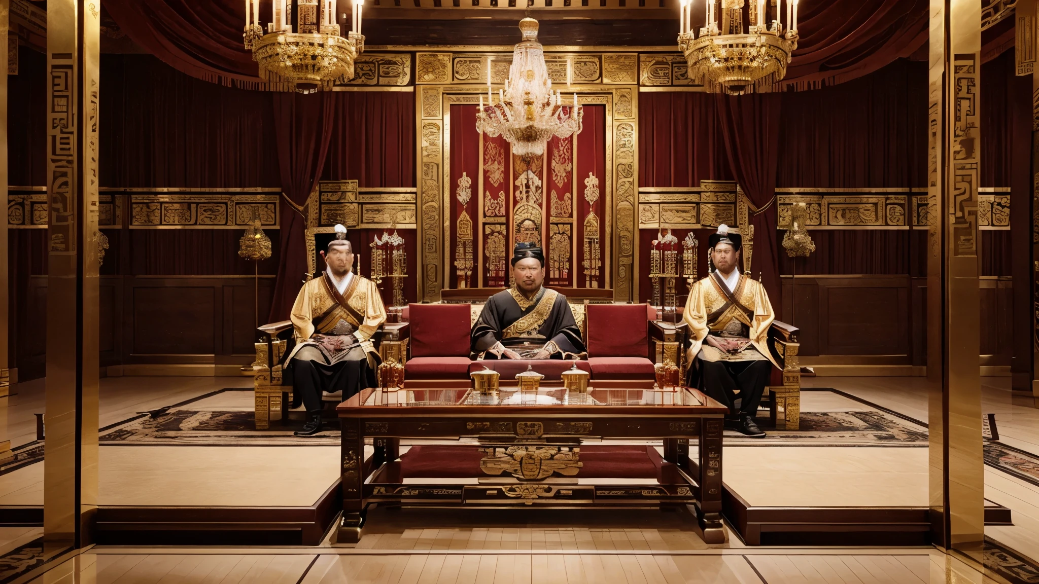 Photo-realistic depiction of a grand imperial palace with an emperor and his court. Show ornate architecture, lavish decorations, and a regal atmosphere. The scene should convey the power and majesty of ancient Chinese rulers.