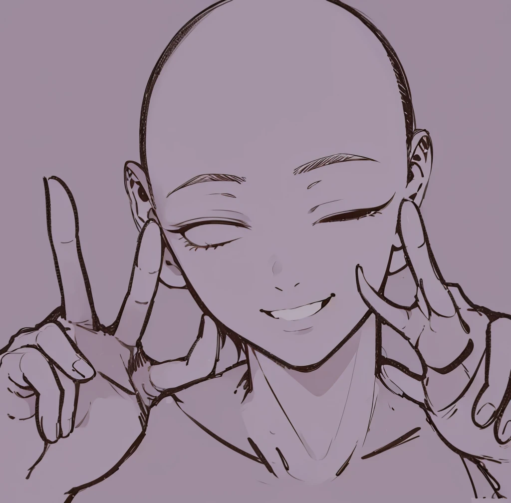 drawing of a bald man with a smile on his face, detailed anime soft face, portrait of pretty man, flat anime style shading, clean anime outlines, elegant smiling pose, ((wink smile expression)), face anime portrait, attractive, high detailed face anime, detailed anime face, dramatic smiling pose, seinen manga portrait, anime style portrait, peace pose, peace sign, two fingers gesture