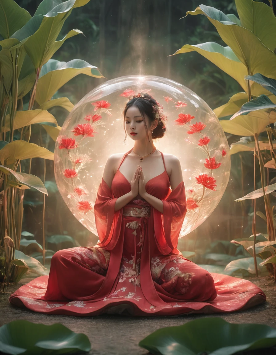 Full-body photo of a courtesan in lotus position，Praying with palms together、Anatomically correct,born, Cinematic shots, (Sharp focus:1.5), (Realistic:1.4), dusk lighting, (Look this way）Volumetric lighting, Ultra-high resolution, 16K,Dramatic lighting, Abstract background：1.5）（Tangleた，Datura stramonium，Holding a heart light in your hand、Tangle，Intertwined：0.7）witch，Red kimono, Foxfire spells, conversion, Depth of written boundary, A fantastic atmosphere, The most beautiful form of chaos, Elegance, Fauvist Design Dark Theme, flowers of death, flowers of ecstasy，Glowing Lines,Glow Example，Tracking example，flash， Backlight，translucent，Particles of light,hill，exit