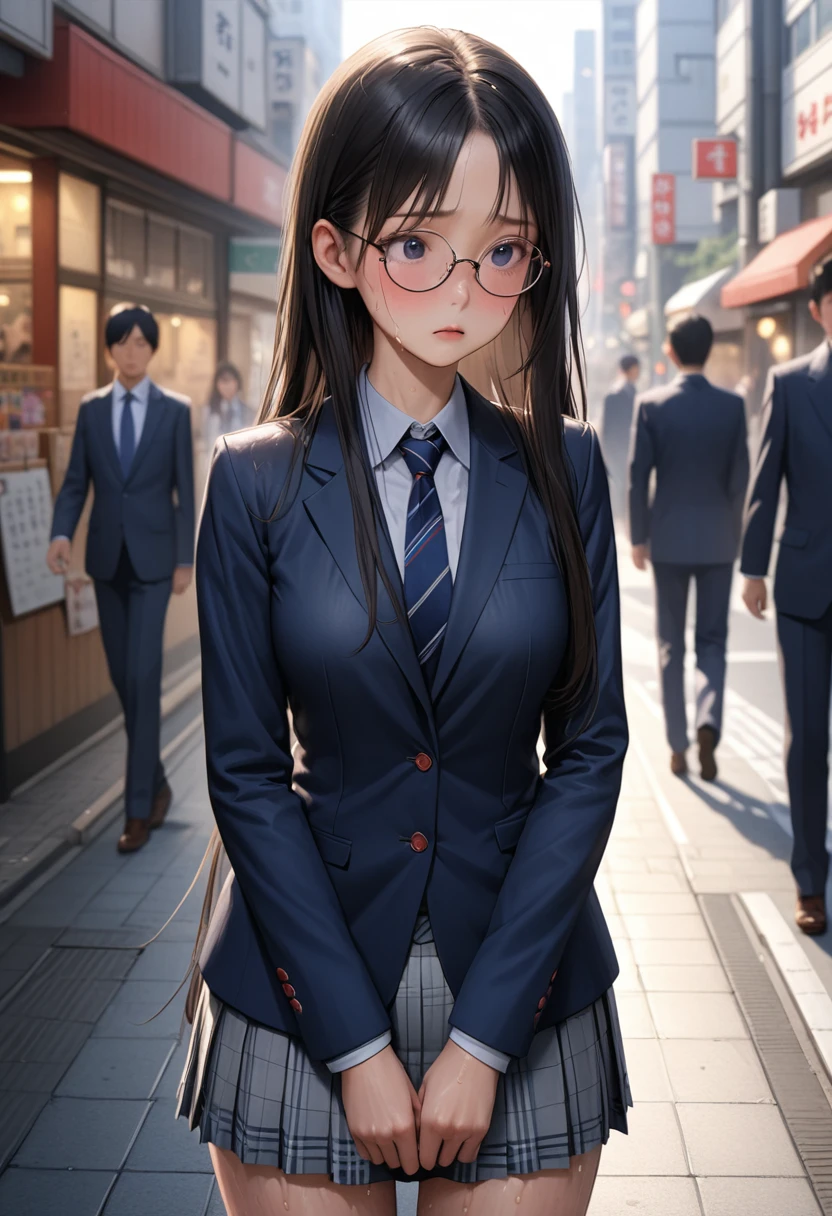 ((masterpiece,Highest quality:1.3,best illustration,realistic)),cowboy shot,1woman、独奏,25 year old Japanese beauty,((very small head:1.3)),center parted bangs,forehead,black hair,long hair,black eyes,gorgeous eyes,Black-rimmed glasses,blush,shy,medium breasts,((very long body:1.3)),((toned body,slender body,skinny)),gleaming skin,shiny skin,oily skin,sweat,(School uniform、Dark blue blazer jacket、Navy blue tie、Grey plaid pleated mini skirt),on street,Tokyo、