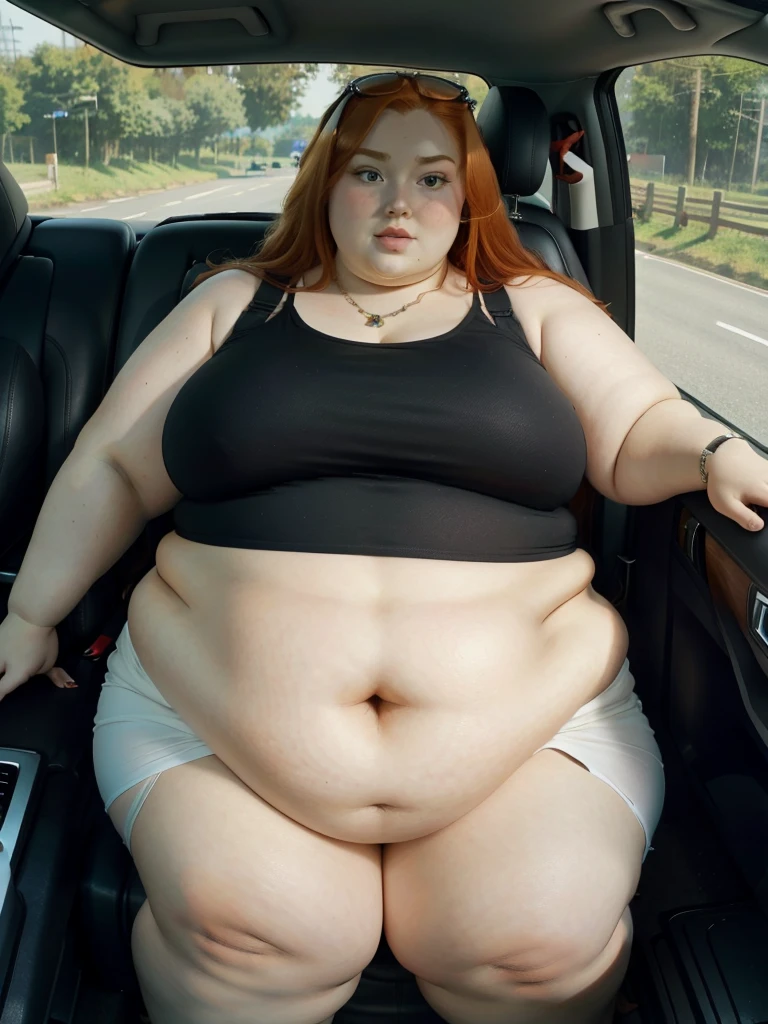 An POV photo of a Beautiful ginger passenger princess, with ginger hair, with big soft fat belly, thicc fat arms, thicc wide legs, sitting in a car in a car seat, in a long summer dress