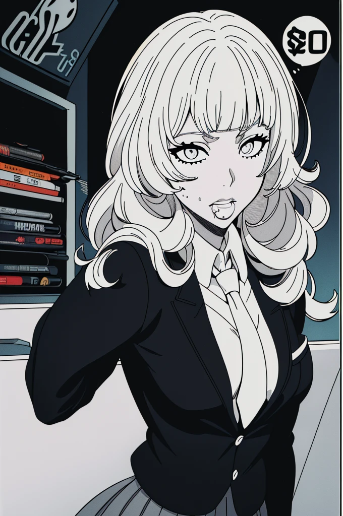 expensiveest quality、masterpiece、((彼女はWith black catです:1.3))、((1 Girl:1.3))、((Her eyes are single、Her eyes are fished out:1.5))、((Her mouth is big、White teeth stand out:1.5))、((A very distinctive mouth))、(((She has her bangs down:1.8)))、(((Her bangs are straight:1.8)))、((Natural curl:1.3))、((Curly Hair))、((Gray Hair))、Detailed face、 (Comic style illustration:1.5), (Line art_anime),(Black and White:1.3),(Monotony_expensive Contrast:1.5),((high school girl,expensive 、tie、blazer、skirt:1.5))、Inside the school_Complex background,(With black cat:1.2).(G-Pen)