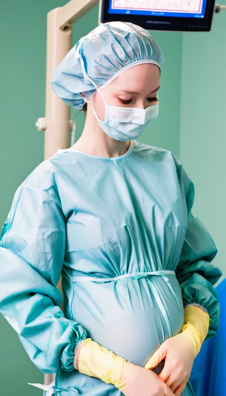 score_9, score_8_up, score_7_up, masterpiece, highest quality, pale skin, shy eyes, cover the ears, big breasts, surgical mask, surgical cap, long sleeve surgical gown, pregnant with big belly,
1 girl, pregnant, solo, rubber gloves, frown, standing, in one hospital, in the operating room,