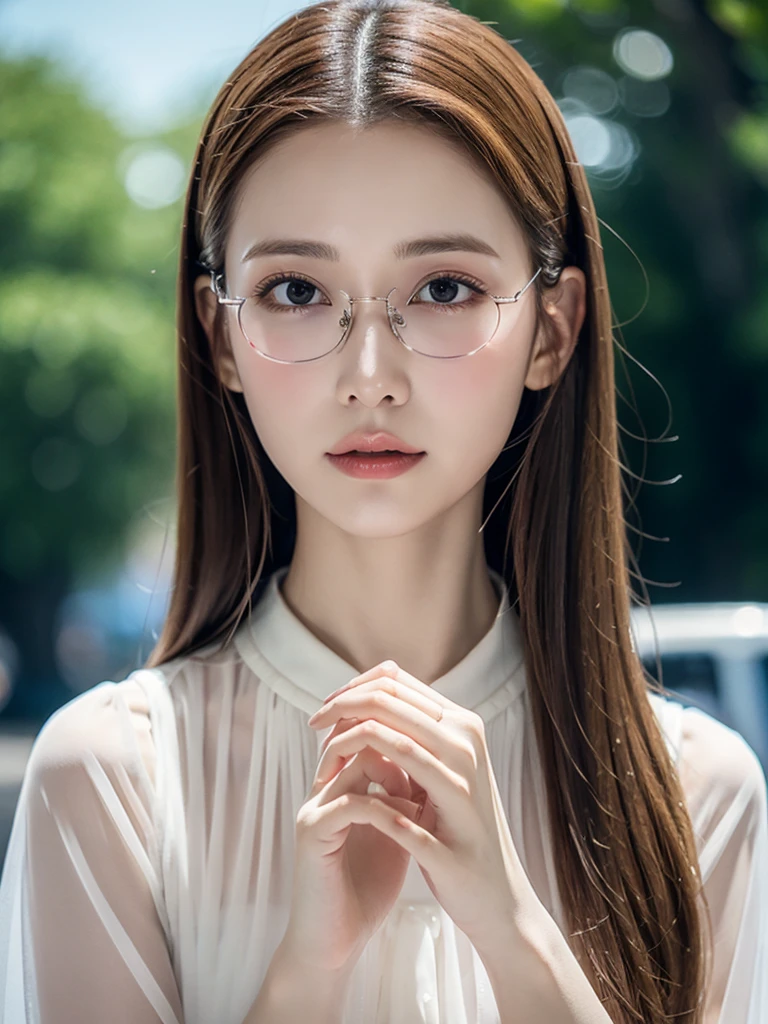 elegant woman in white blouse, beautiful detailed eyes, beautiful detailed lips, extremely detailed eyes and face, long eyelashes, slender body, thin face, delicate features, flawless porcelain skin, glistening sweat, ultra-thin hands, ultra-fine fingers, best ratio four finger and one thumb, realistic, see-through white blouse, amusement park, one-person viewpoint, Fuji Film, F/1.2, 8K, masterpiece, nffsw, super detail, high quality, best quality, high resolution, glasses