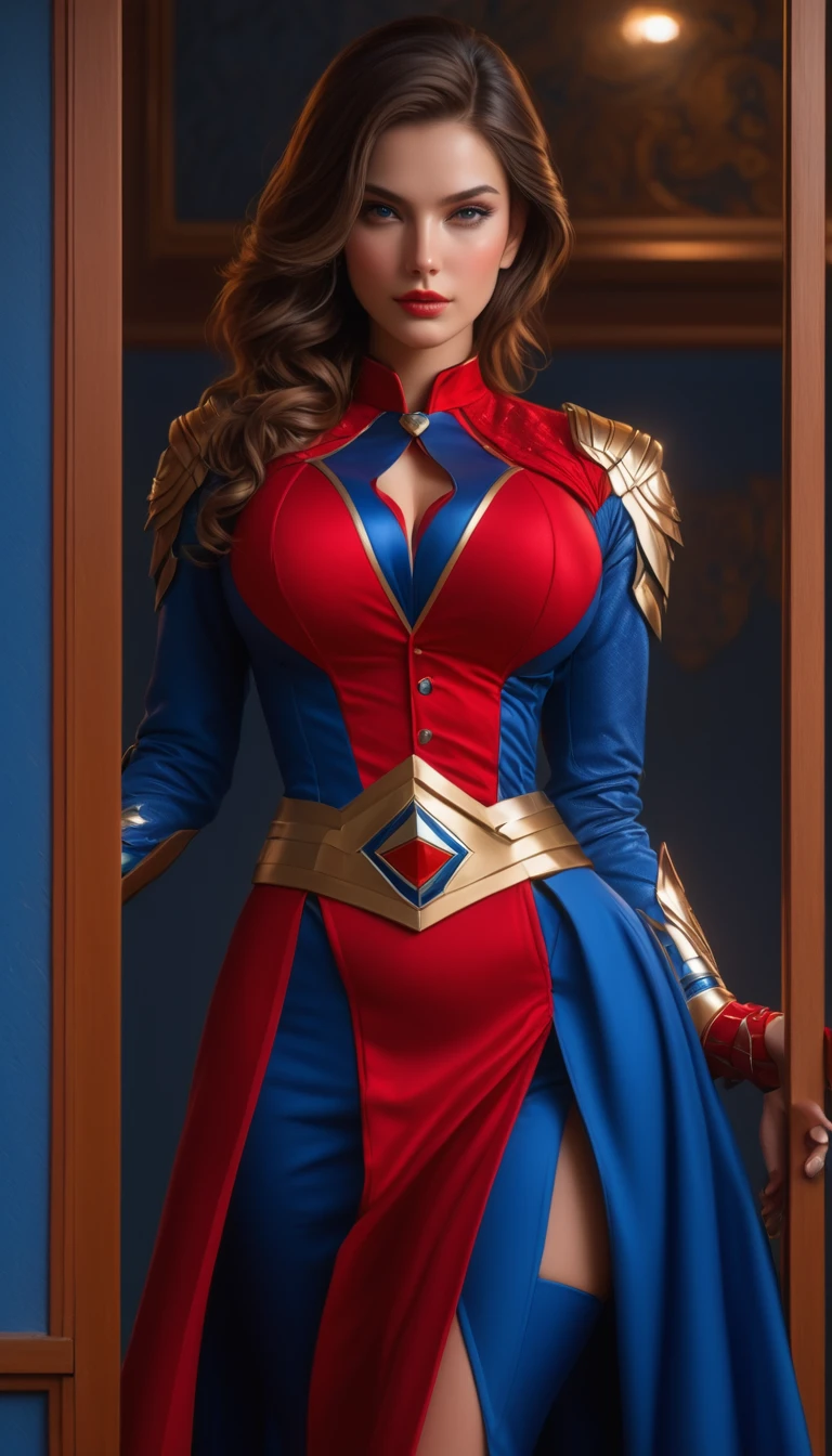 (Highest quality, 4K, 8K, High resolution, masterpiece: 1.2), (Very detailed, Realistic, Realistic:1.37)Seductive girl, Dressed in striking red and blue outfits, Standing in front of the window exuding an air of strength and determination. Her captivating eyes are exquisitely painted, Capture every sparkle and depth, Her lips are captivating and beautiful.. The attention to detail extends to the entire face., Each contour and feature is perfectly and meticulously rendered., Create a sense of hyper-realism that draws your audience in.
Girls' Clothing, Reminiscent of oil painting, It is a work of art in itself. material, Vivid brushstrokes skillfully expressed, Gives her overall look a dynamic feel. It is truly a reflection of the artist's talent., Show off your skilled techniques, (Browsing Caution:1.5), Chignon hairstyle, (Beautiful nipples:1.2)