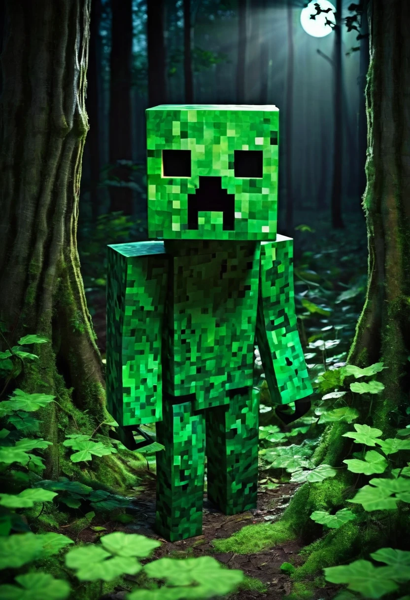 of course。画像生成AI用のpromptを以下に示します。

---

**prompt:**

"A realistic depiction of a Minecraft Creeper in the real world: The Creeper stands in a dense, dark forest during nighttime. Moonlight filters through the trees, casting eerie shadows. The Creeper, with its blocky, green, pixelated body, and large, dark eyes, appears menacing and out of place among the natural surroundings. The ground is covered in leaves and twigs, and the air feels thick with tension as the Creeper seems to emit a faint hissing sound, ready to explode. The atmosphere is both unsettling and captivating, blending the digital and real worlds