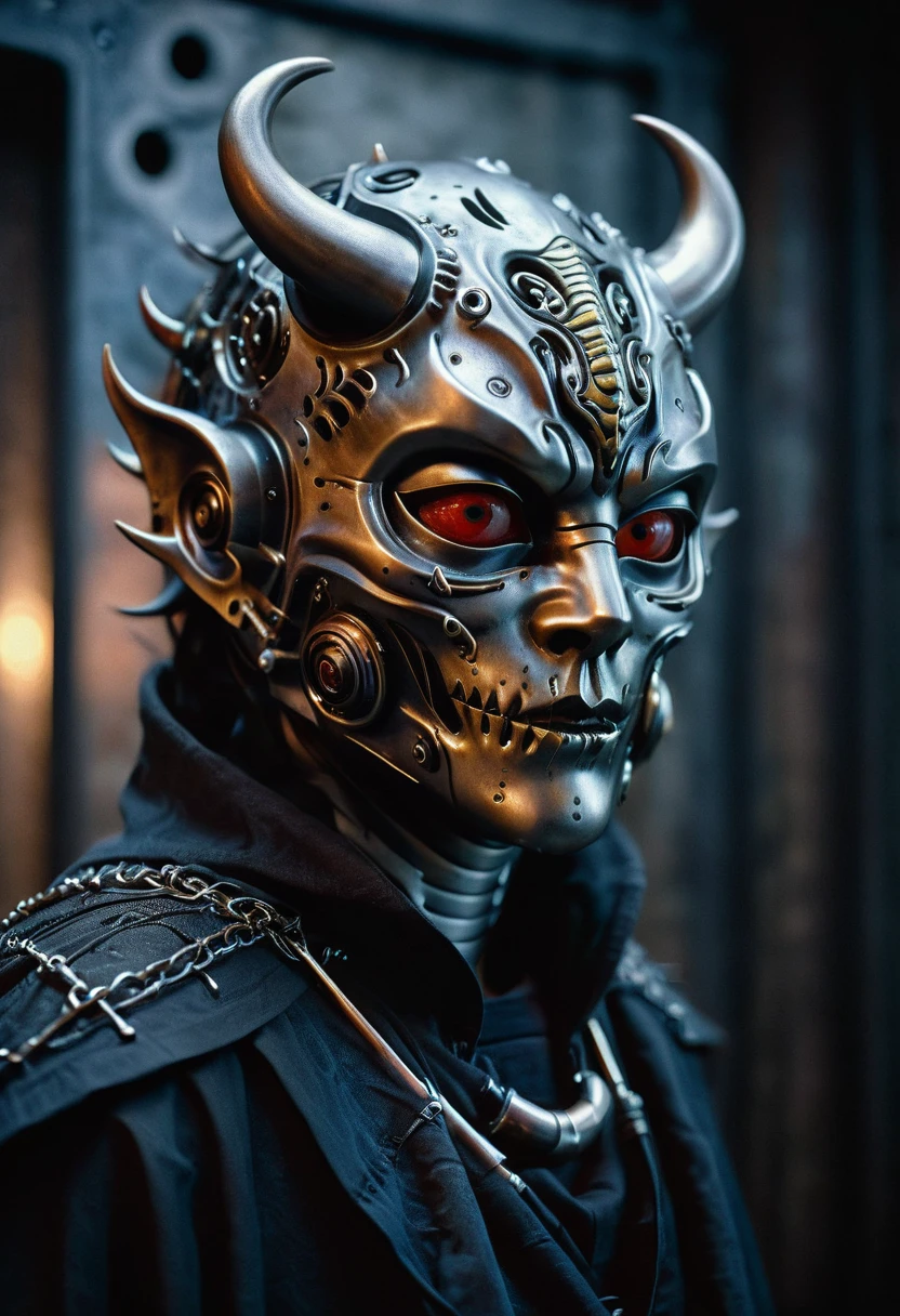 Biomechanical devil mask, carbon plated, intricate cuts and holes, figure in shadowy robe with shimmering, gotical Japanese fusion, moody lighting, ultra-high detail, dramatic shadow evocative analog film noise, half body portrait, cinematic, movie still, captured in the style of Sony Alpha A7 III camera