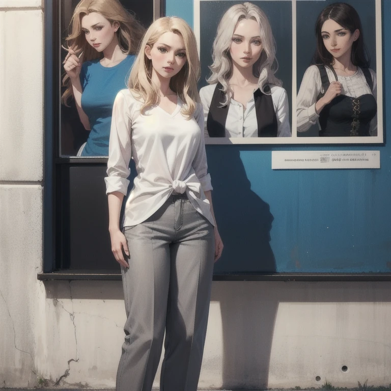 arafed woman in a white shirt and grey pants standing in front of a blue wall, kirsi salonen, magdalena andersson, wearing a blouse, magdalena radziej, wearing a white blouse, moleksandra shchaslyva, niele toroni, photo of džesika devic, serena malyon