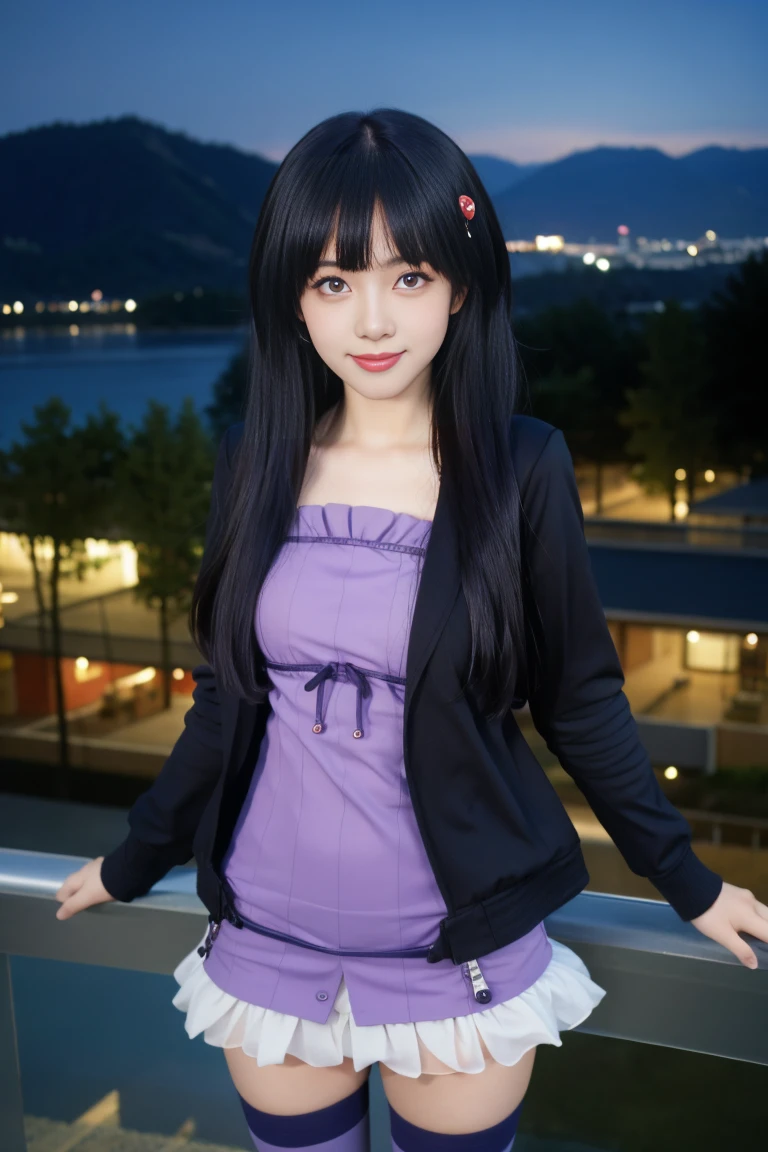 best quality, tmasterpiece,Ultra-high resolution,Clear face,（Reality：1.4），ferpect lighting，(upper body photo), (photorealistic:1.50), anime wallpaper, Guviz style artwork, cover-up fantasy up to magic , by Yang J, Guviz, beautiful artwork illustration, beautiful digital artwork, beautiful digital illustration, Li Song, beautiful anime portrait, art style in Beauvot, 1girl,独奏, black hair,  long hair, bangs,  blue eyes, Double eyelids, Blush, Cheeks flushed, smile, standing, yuzuki yukari, purple hair, short hair with long locks, ahoge, hair ornament, purple eyes, purple dress, hooded jacket, open shirt, arms past the wrist, thighs, incoming hug, from above, outdoors, city background,