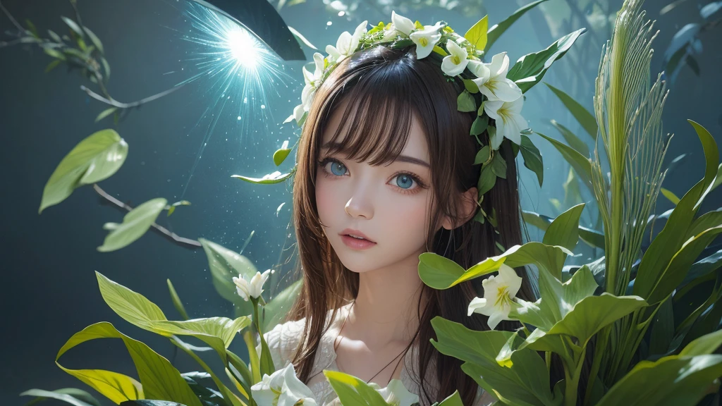 32k, Masterpiece, Highest quality, One girl, Brown Hair, Detailed eyes, flower,Amaryllis, Blue and green style,A dreamy, romantic piece,Pale yellow, Mysterious Leaves,A playful arrangement,Fantasy,High Contrast,Ink strokes,explosion,Exposure, Impression of blue and green tones,Abstract, Brush strokes,Negative Space, Tyndall effect