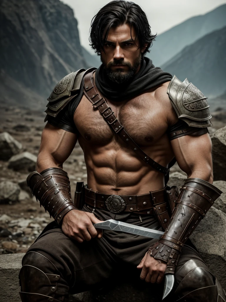 1 men, handsome american man, focus only, 25 years old, toned body, little beard, medium black hair, intricate assassin costume with some broken armor pieces, Lean and muscular body, dark shaped eyes, sitting on a stone sharpening his blade, work of art, ultra HD, insane details, realisitic, face detailed, Detailed texture skin, nblurry background, wasteland, 8K