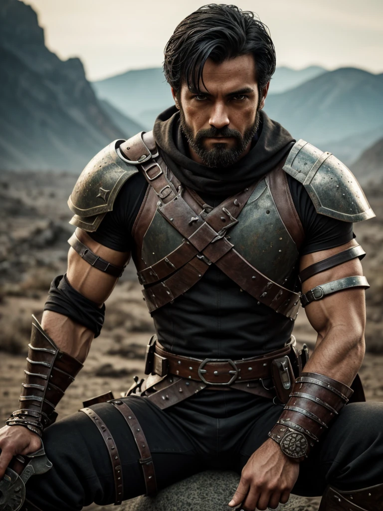 1 men, handsome american man, focus only, 25 years old, toned body, little beard, medium black hair, intricate assassin costume with some broken armor pieces, Lean and muscular body, dark shaped eyes, sitting on a stone sharpening his blade, work of art, ultra HD, insane details, realisitic, face detailed, Detailed texture skin, nblurry background, wasteland, 8K
