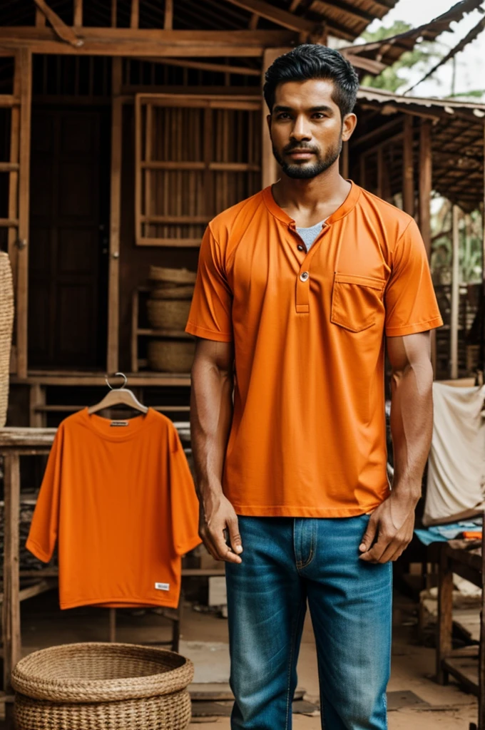 Men's recycled shirts, southern Thailand theme, beautiful orange color.